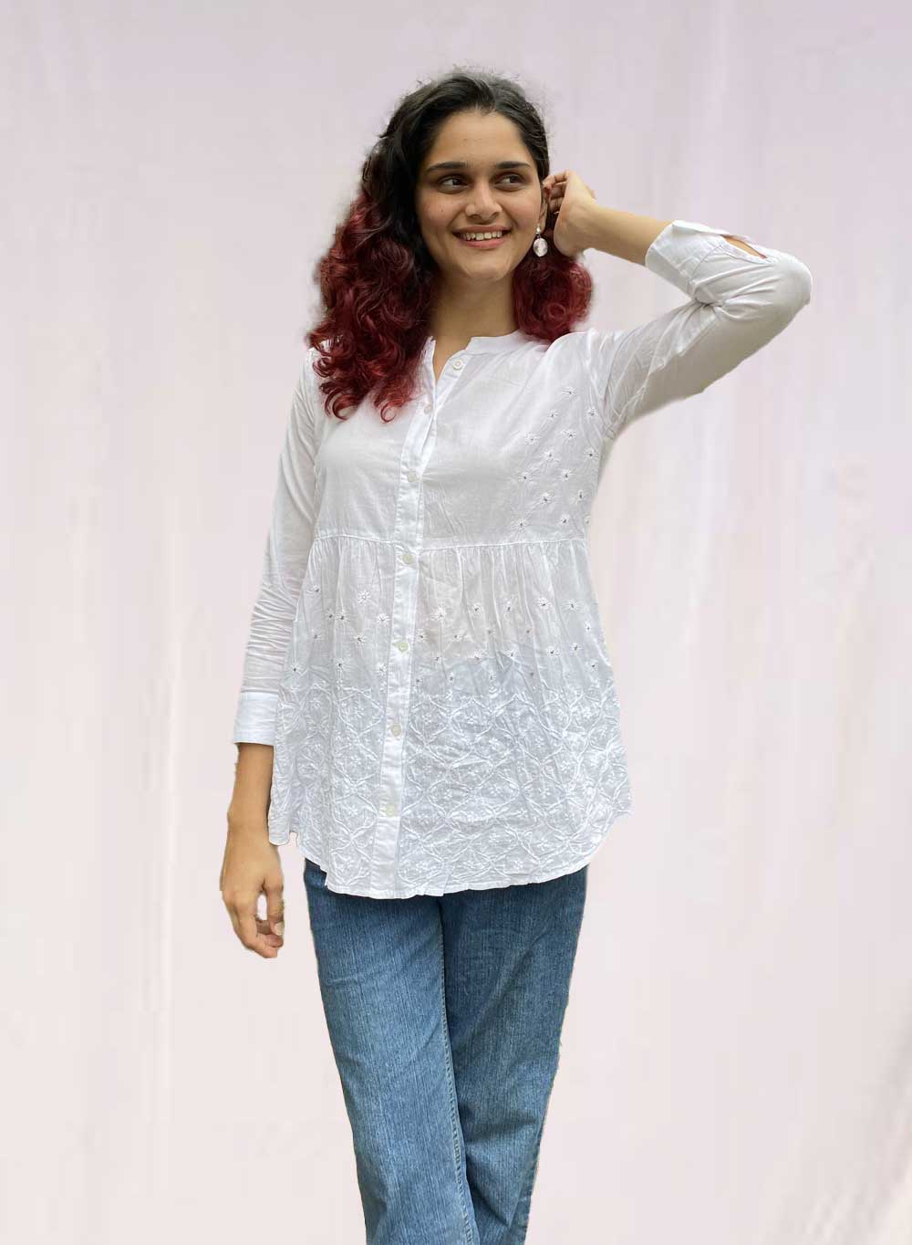 White Golden Mukaish - Gulshan Cotton Chikankari Short Top