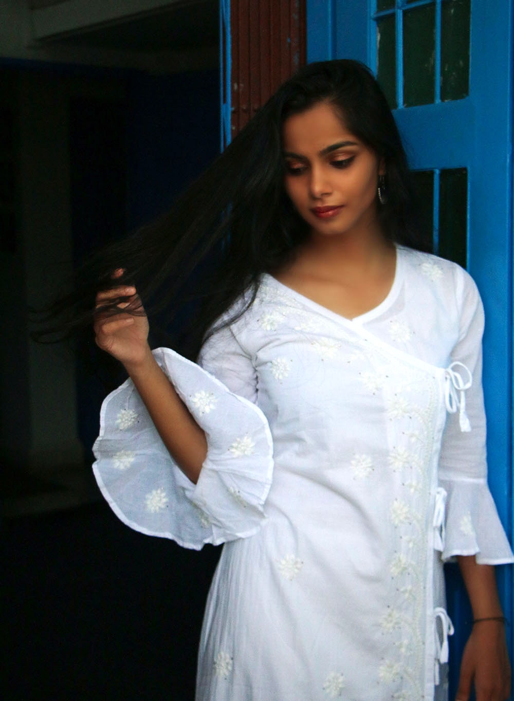 White Mukaish - Bahaar Cotton Terry Voile Chikankari Angarakha