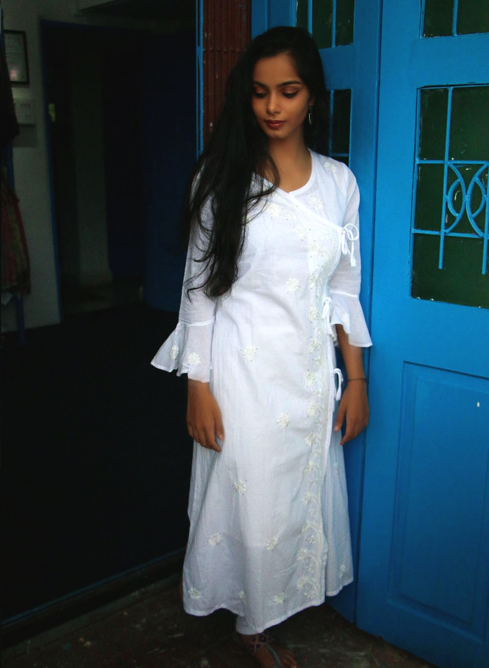 White Mukaish - Bahaar Cotton Terry Voile Chikankari Angarakha
