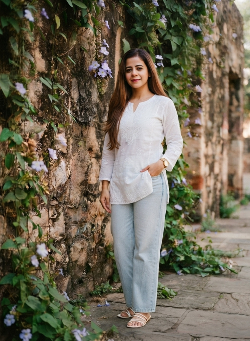 White - Mul Cotton Gulshan Chikankari Short Top