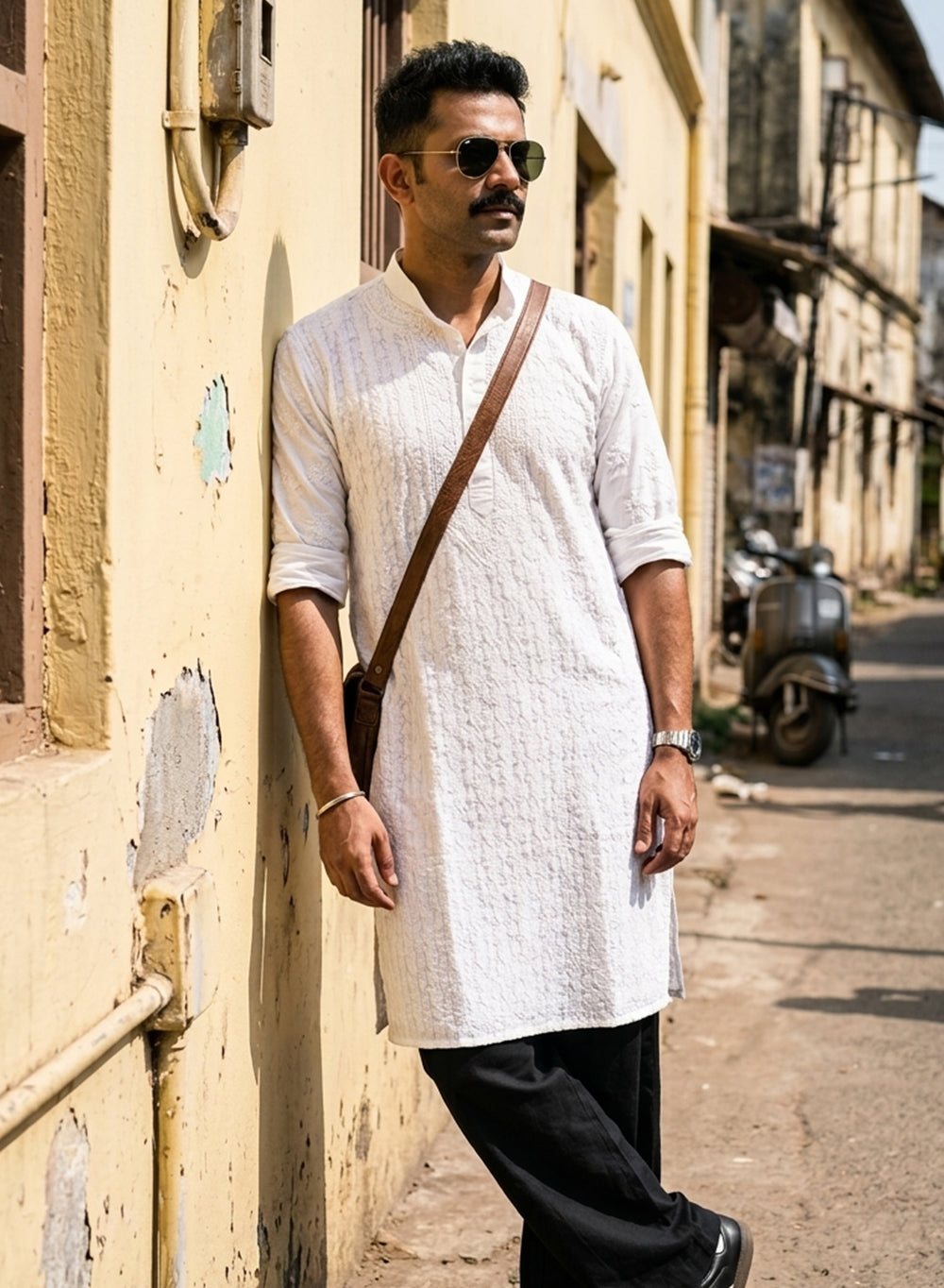 White - Nawab Cotton Vertical Design Front Jaal Chikankari Long Kurta