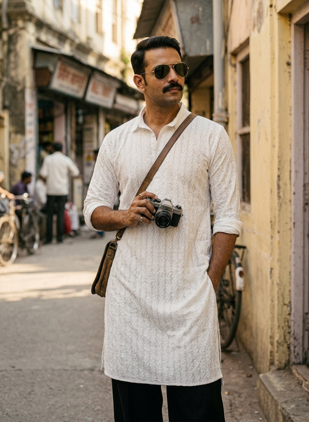 White - Nawab Cotton Vertical Design Full Jaal Chikankari Long Kurta