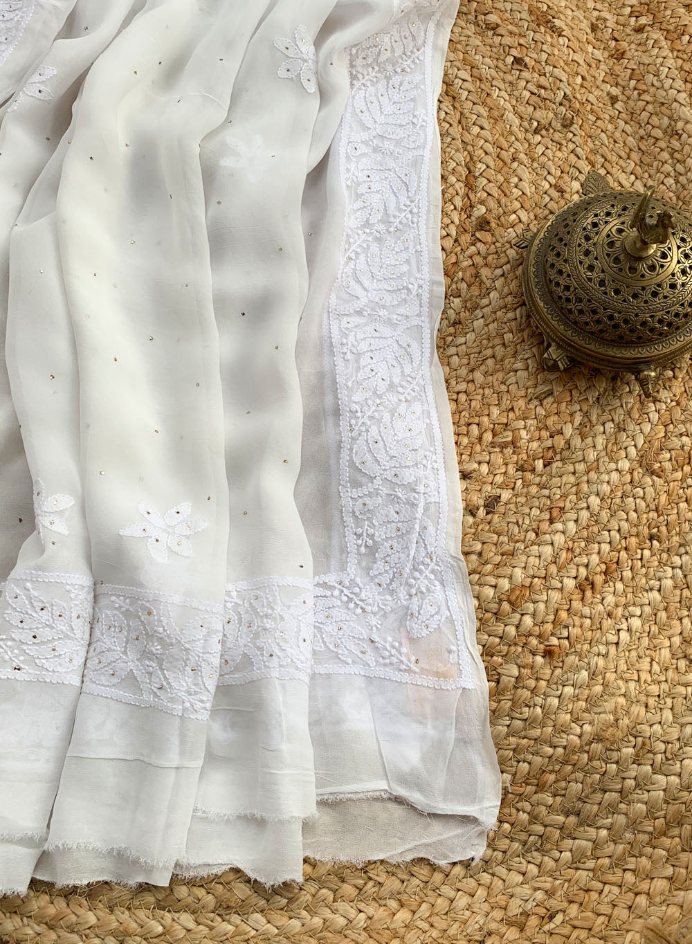 White Viscose Golden Mukaish - Nazm Chikankari Dupatta