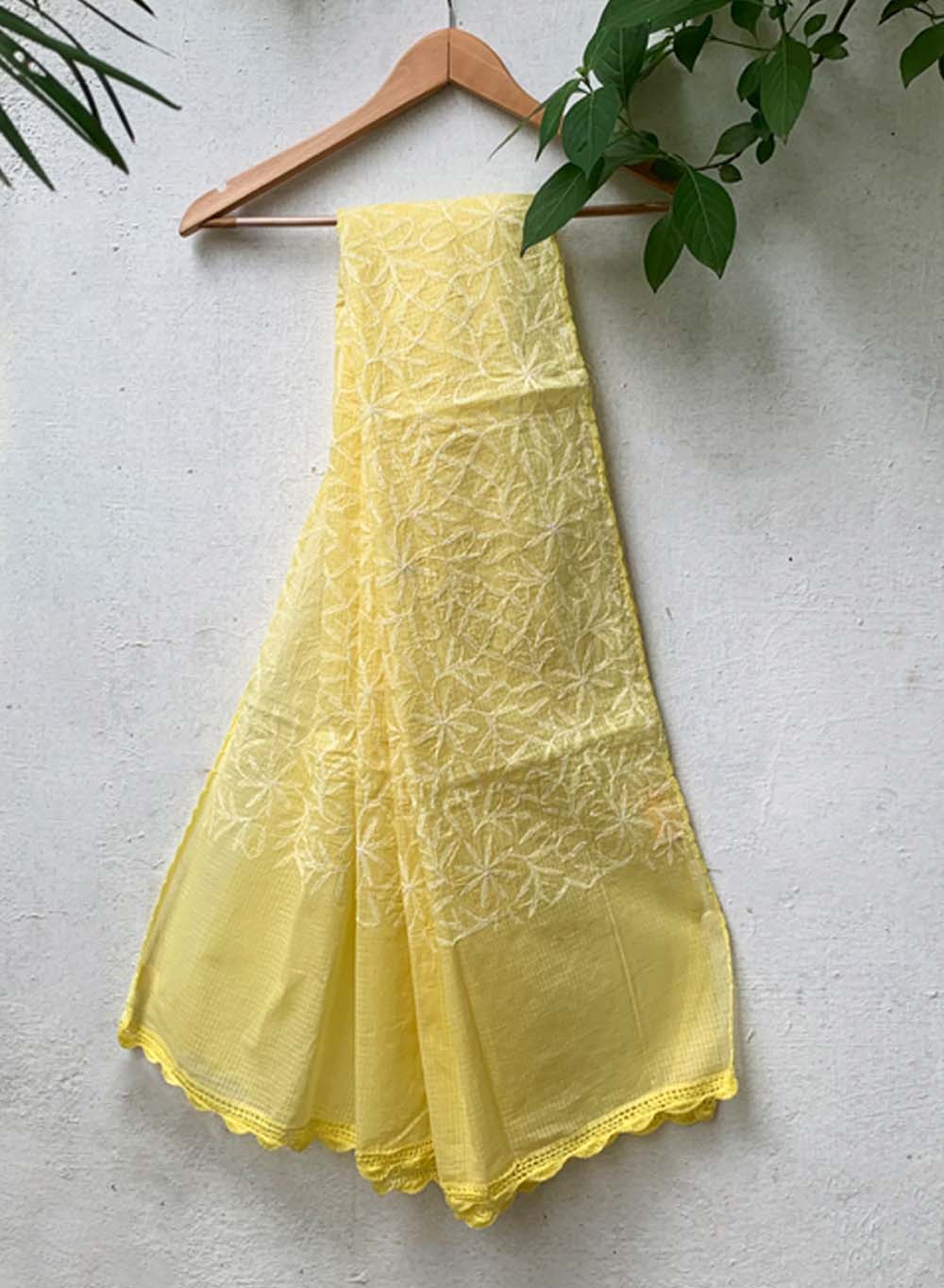 Yellow - Nazm Kota Cotton Chikankari Plain Border Dupatta