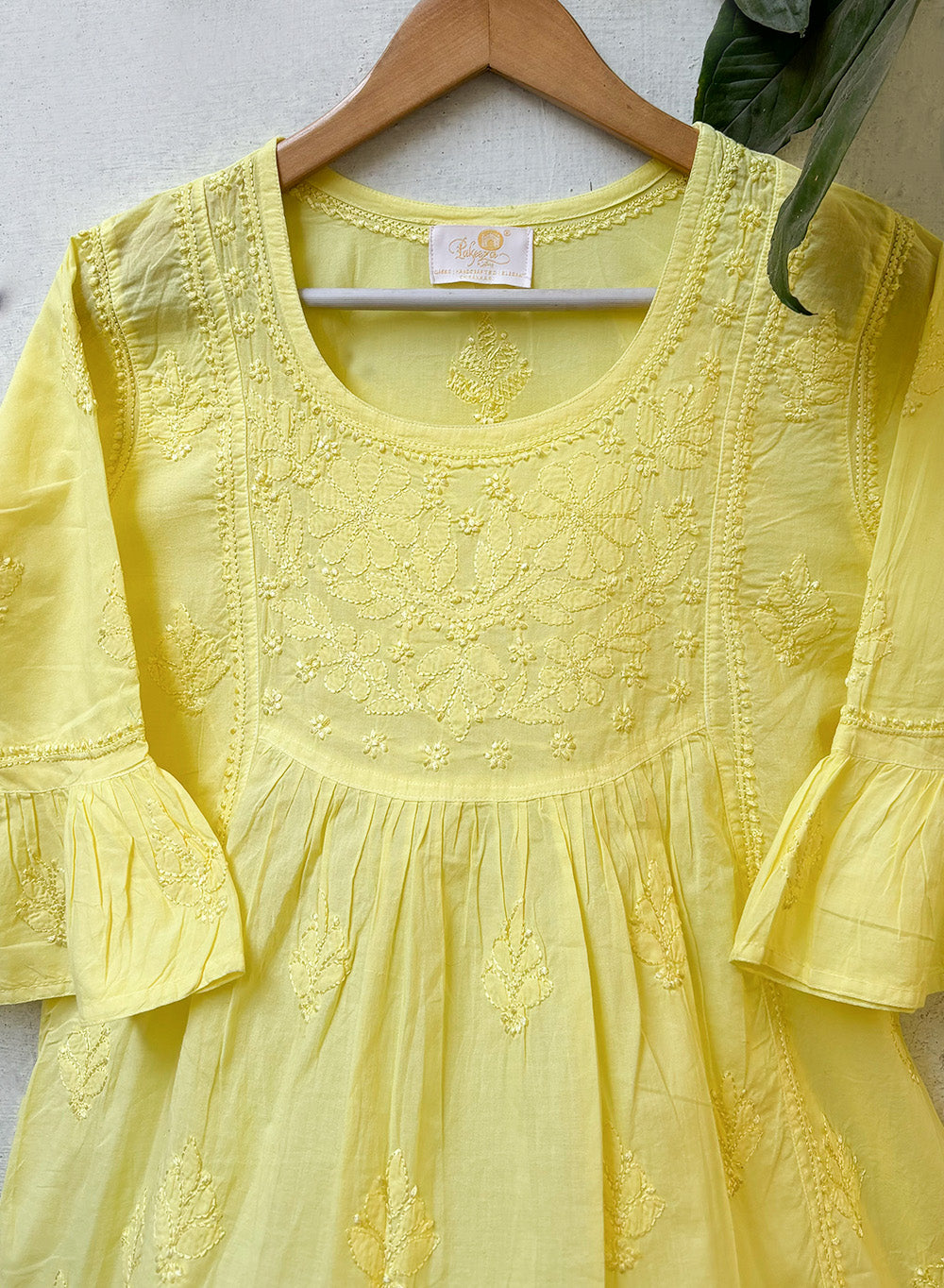 Yellow Bell Sleeves - Pure Cotton Gulshan Chikankari Short Top