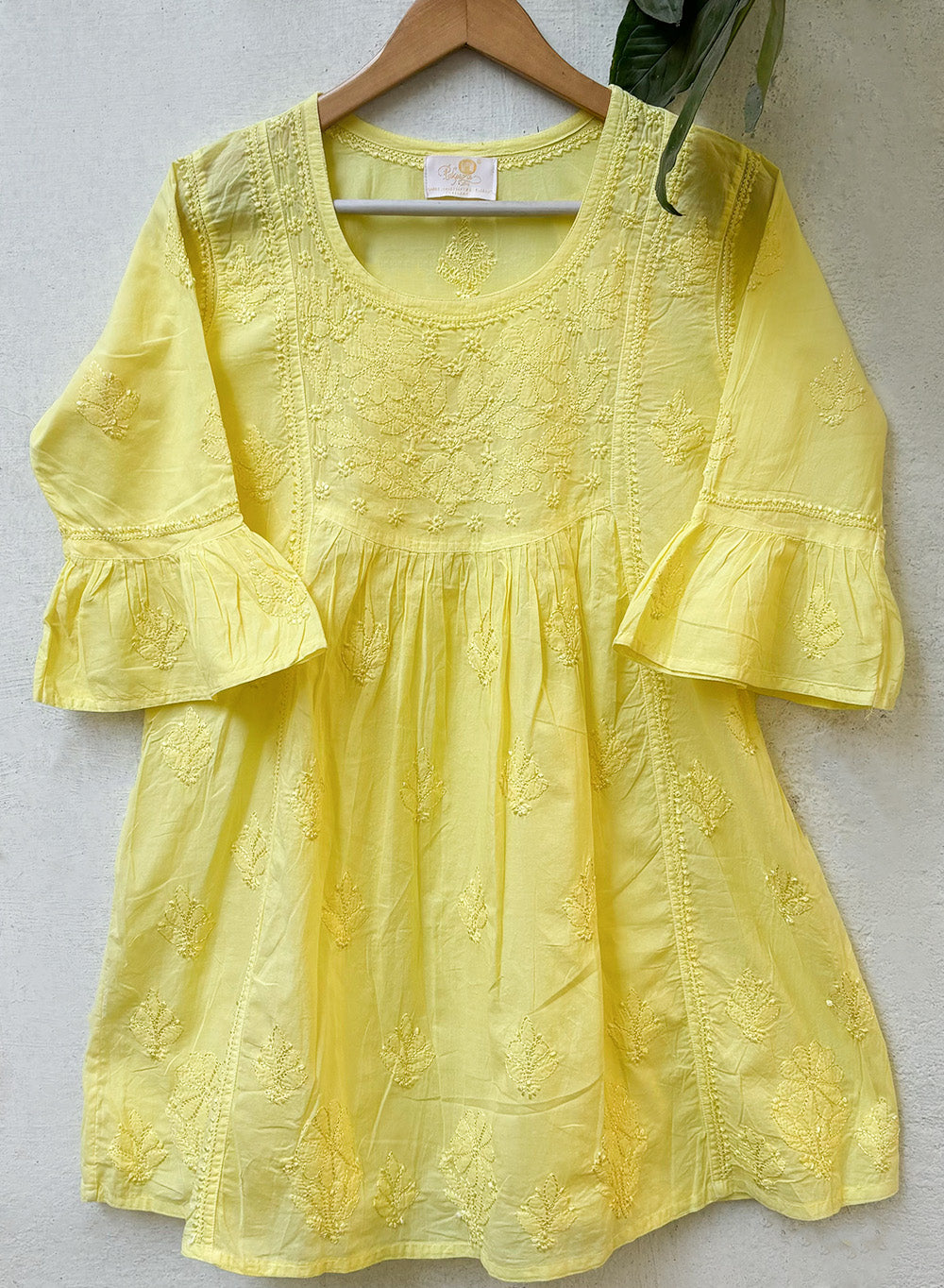 Yellow Bell Sleeves - Pure Cotton Gulshan Chikankari Short Top