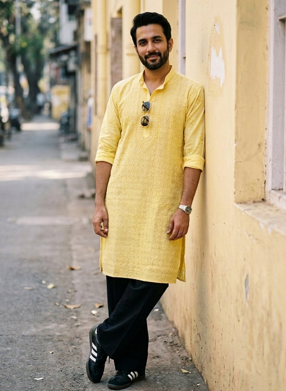 Yellow - Nawab Cotton Vertical Design Front Jaal Chikankari Long Kurta
