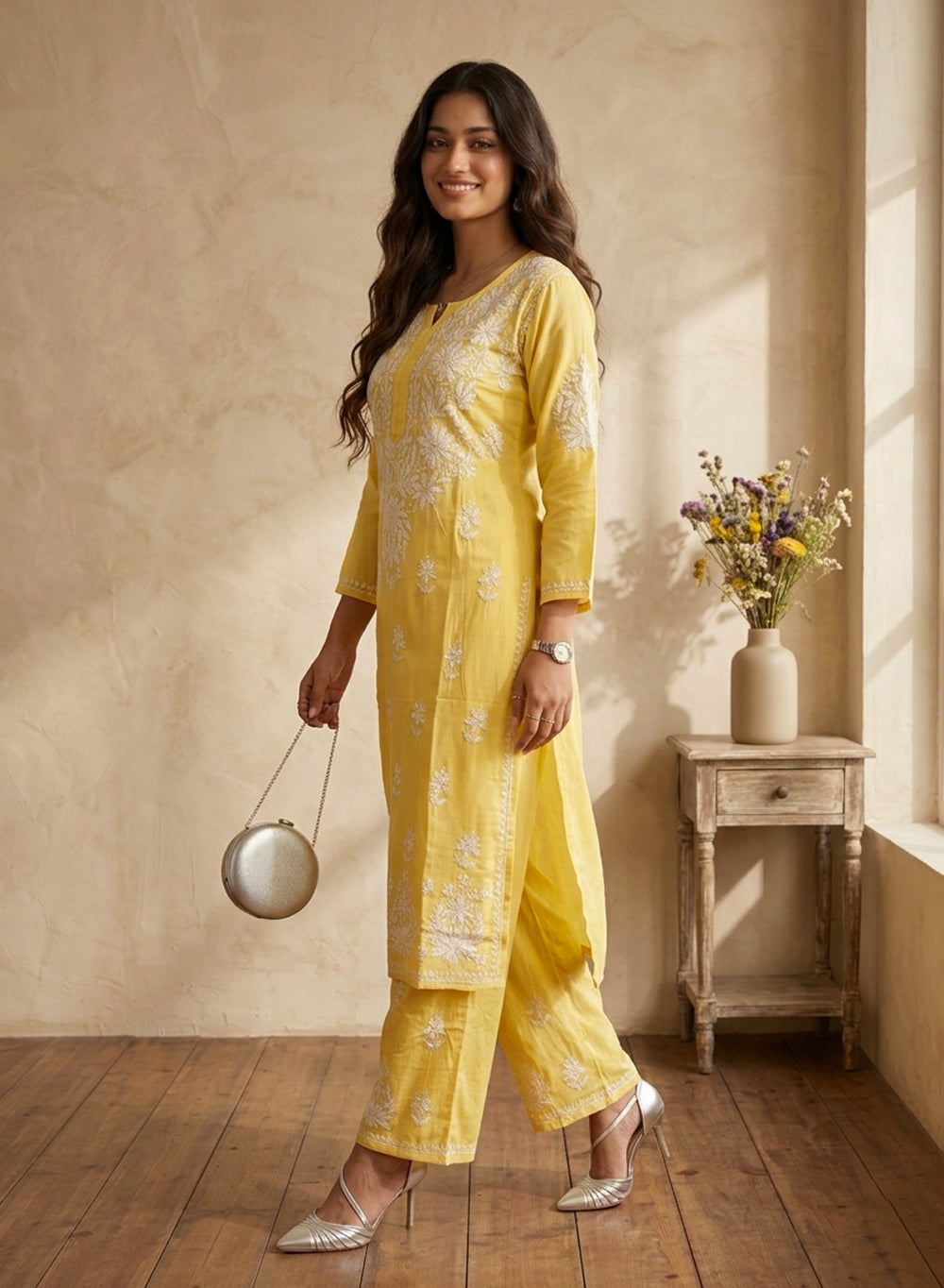 Yellow - Modal Nargis Chikankari Co-ords Set With White Thread Embroidery