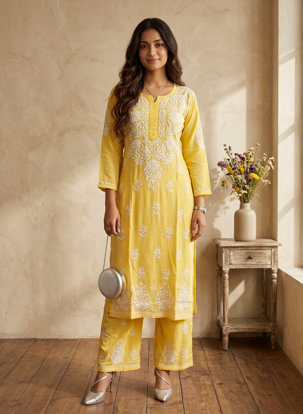 Yellow - Modal Nargis Chikankari Co-ords Set With White Thread Embroidery