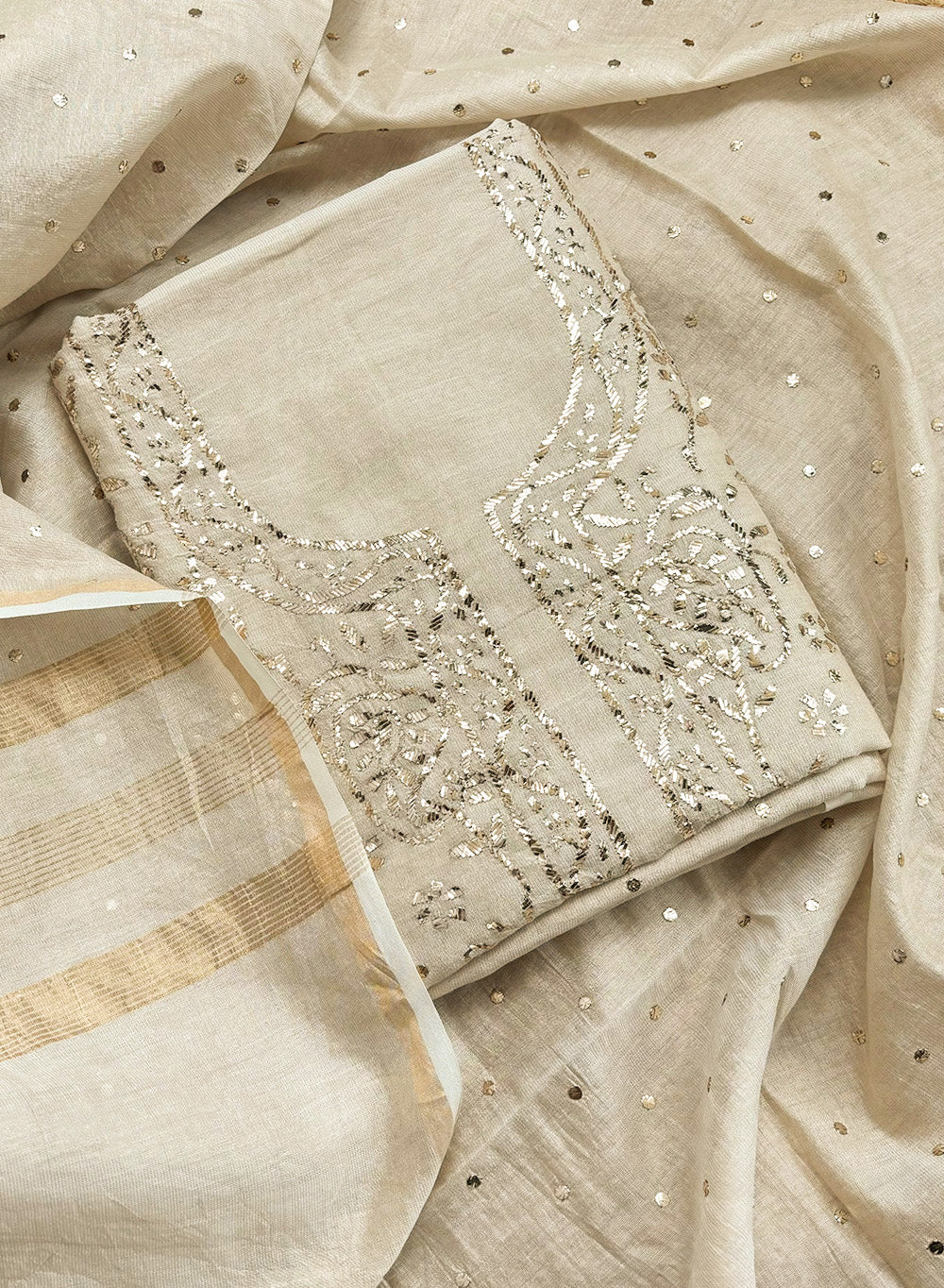Zaara - Nayaab Beige Tissue Chanderi Chikankari Kurta & Dupatta Fabric (Unstitched)