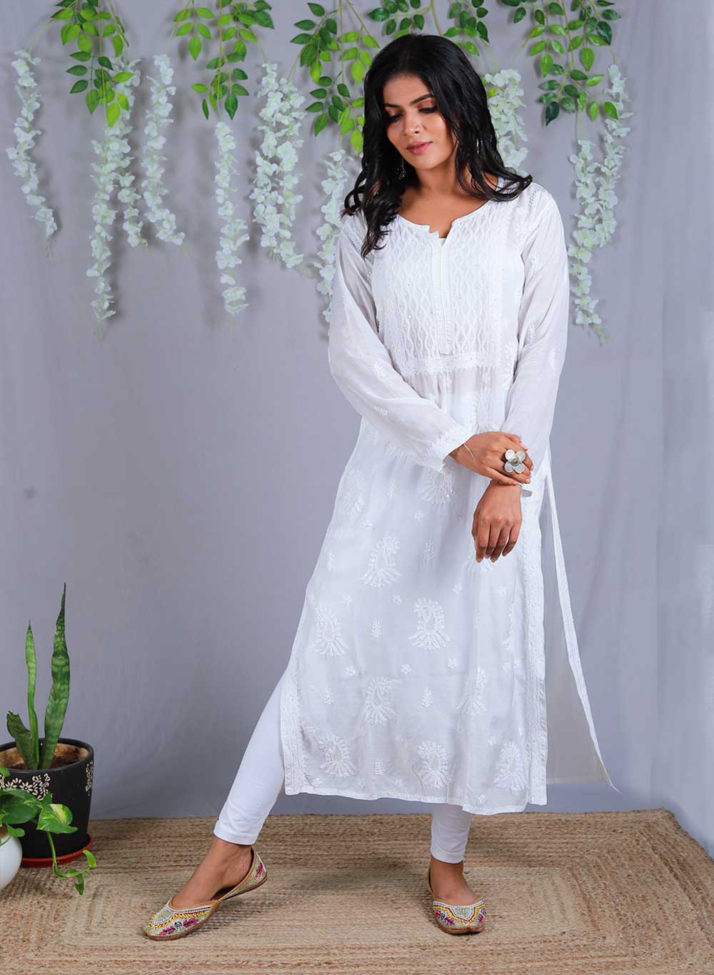 Zeenat White - Anjuman Muslin Sequins Chikankari Kurta
