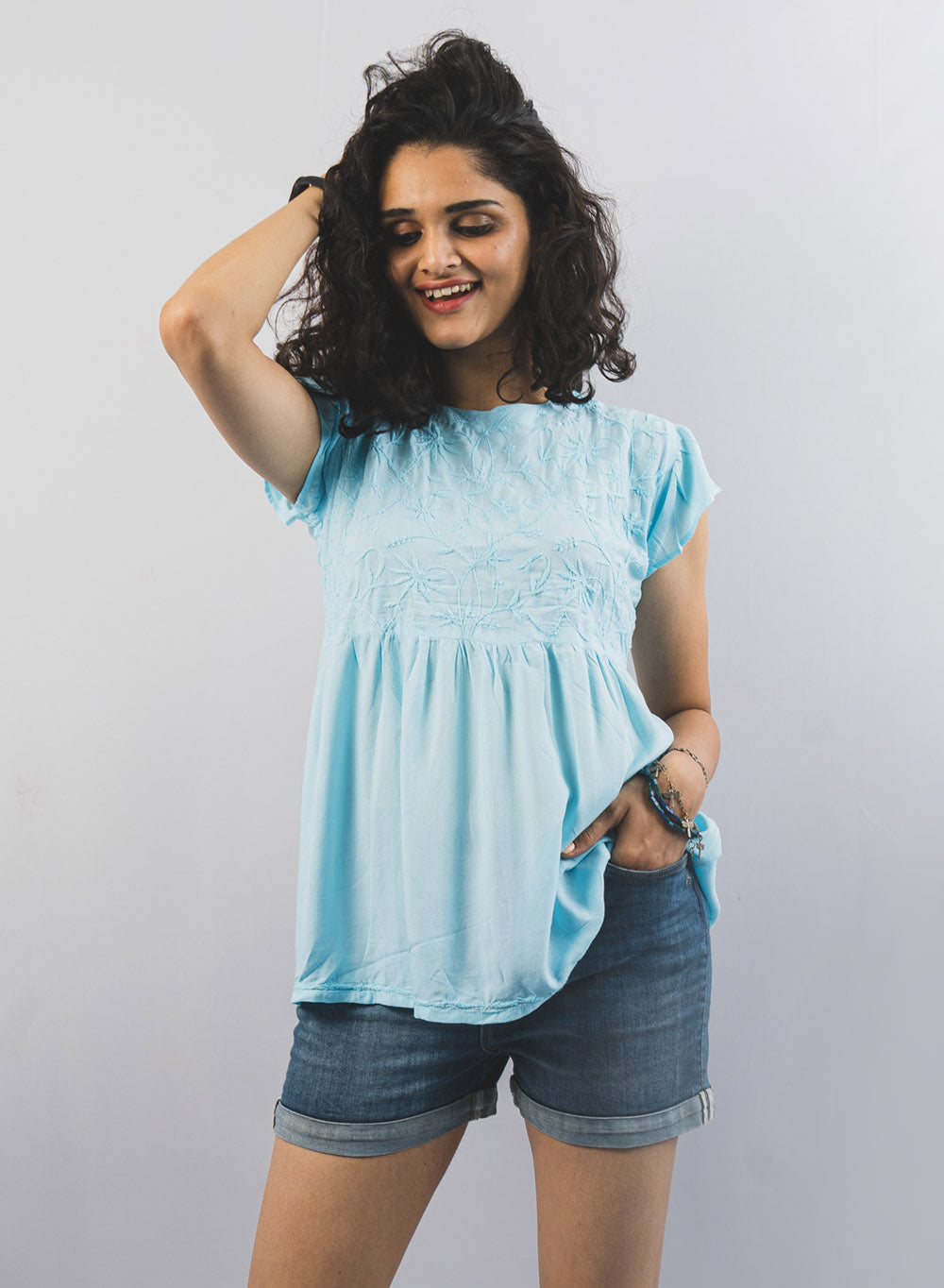 Zia Light Blue - Gulshan Modal Chikankari Short Top