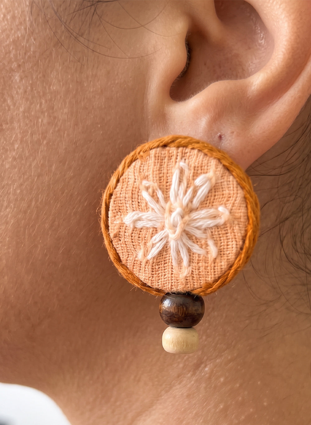 Orange Hand-Embroidered Floral Circular Studs with Wooden Bead Drops