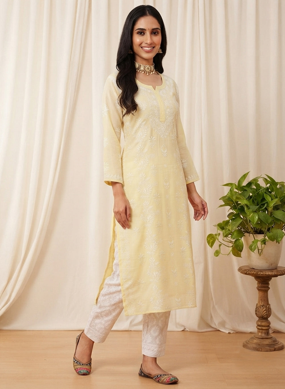 Yellow - Mul Chanderi Bahaar Chikankari Kurta With Slip