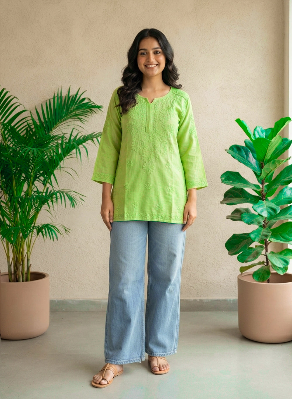 Parrot Green - Gulshan Linen Cotton Double Layered Chikankari Short Top