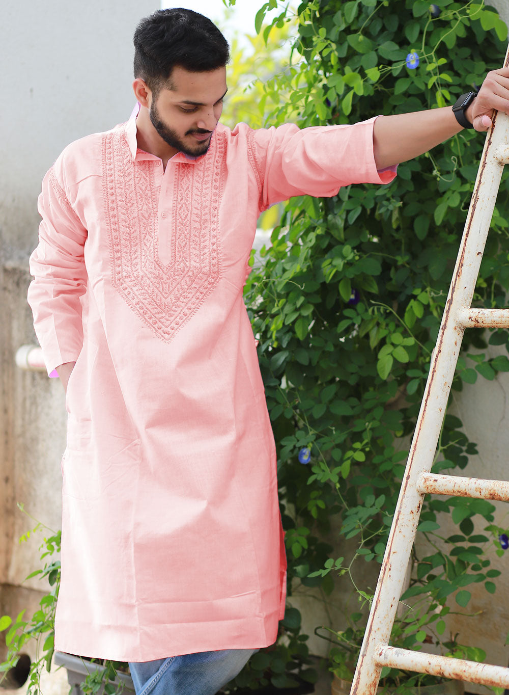 Peach - Nawab Cotton Chikankari Men Long Kurta