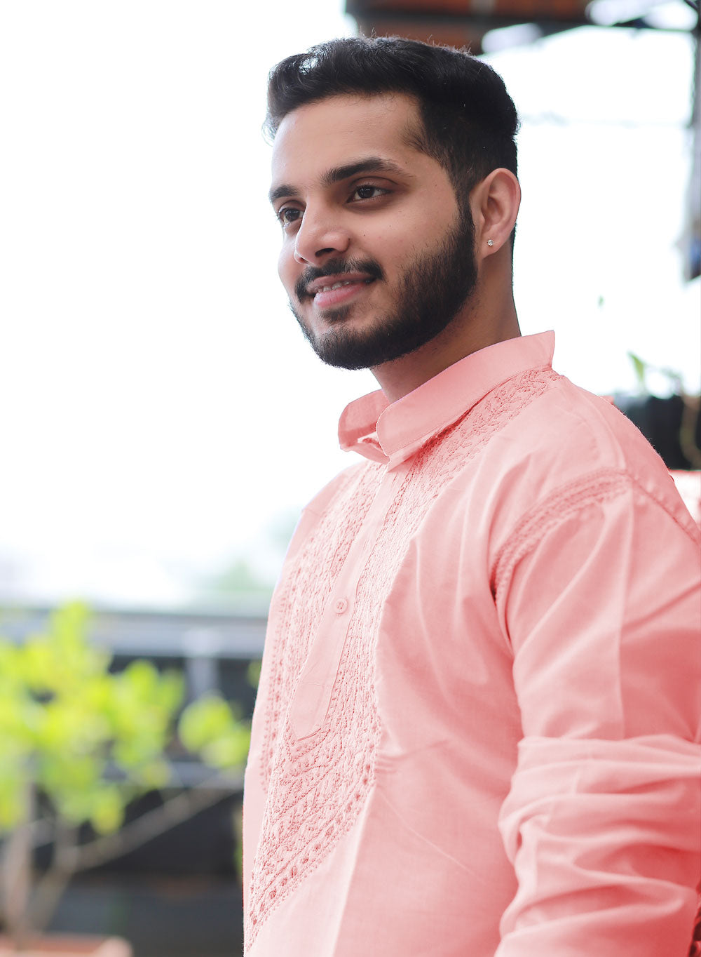 Peach - Nawab Cotton Chikankari Men Long Kurta