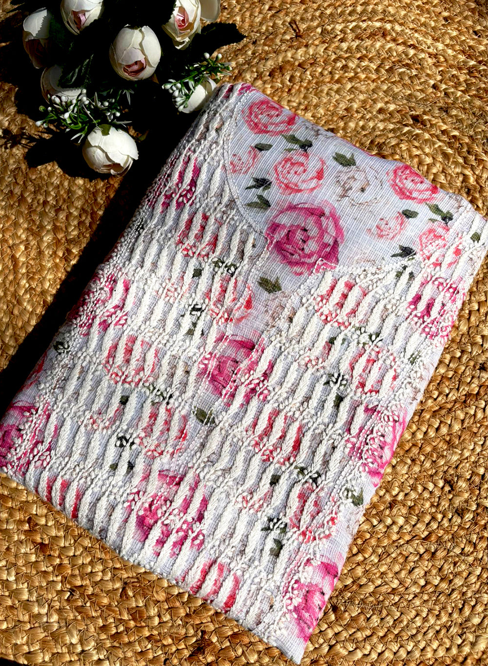 White & Pink - Nayaab Kota Printed Chikankari Kurta & Dupatta Set