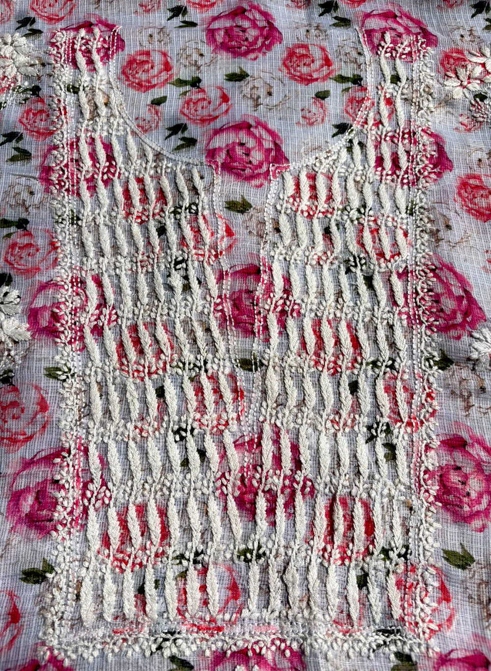 White & Pink - Nayaab Kota Printed Chikankari Kurta & Dupatta Set