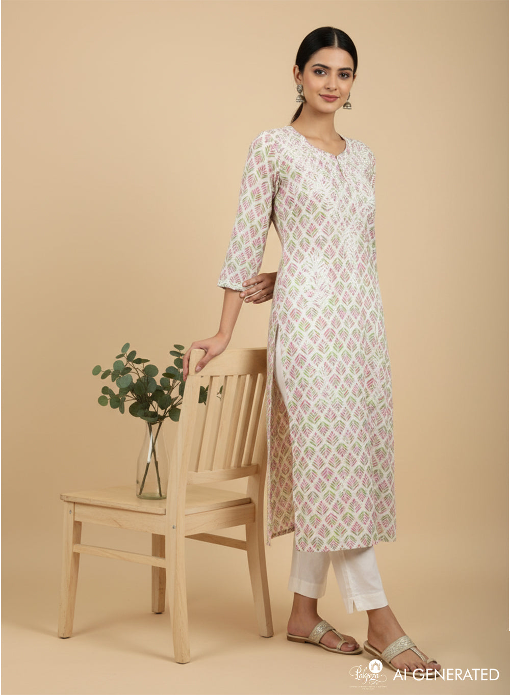 Pink & Green Floral - Bahaar Mul Cotton Chikankari Kurta