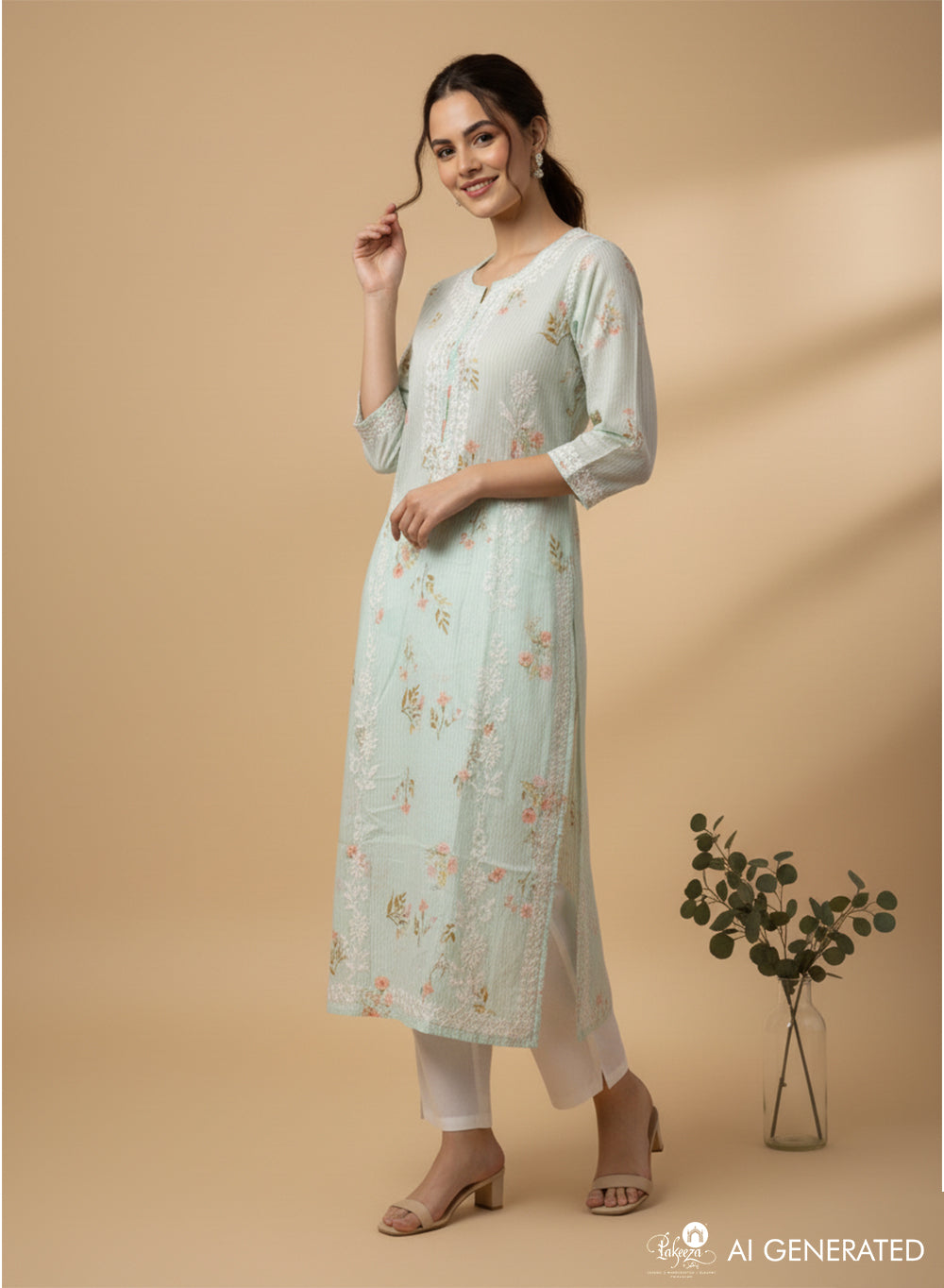Floral Sea-Green - Bahaar Mul Cotton Chikankari Kurta