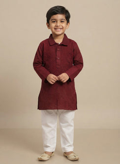 Maroon Front Jaal - Cotton Chikankari Kurta With Self Thread Work & Pajama