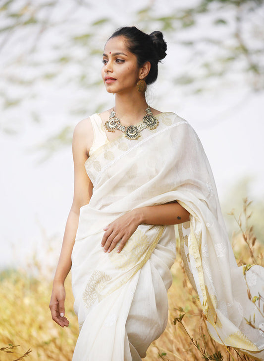 Gaatha Cream Golden Border - Organza Aks Cotton Saree