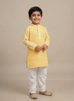 Yellow Front Jaal - Cotton Chikankari Kurta With Self Thread Work & Pajama