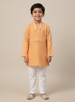 Light Orange Front Jaal - Cotton Chikankari Kurta With Self Thread Work & Pajama