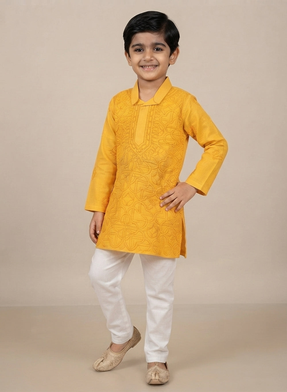 Mango Yellow Front Jaal - Cotton Chikankari Kurta With Self Thread Work & Pajama