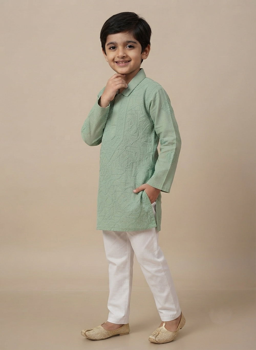 Olive Green Front Jaal - Cotton Chikankari Kurta With Self Thread Work & Pajama