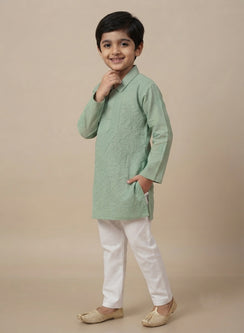 Olive Green Front Jaal - Cotton Chikankari Kurta With Self Thread Work & Pajama