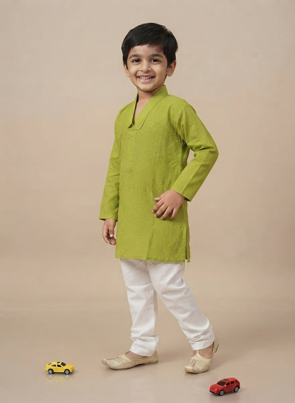 Parrot Green Front Jaal - Cotton Chikankari Kurta With Self Thread Work & Pajama