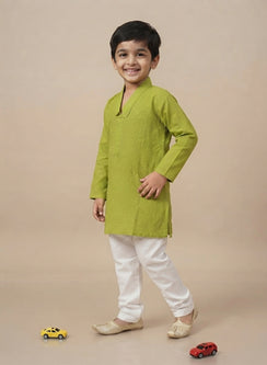 Parrot Green Front Jaal - Cotton Chikankari Kurta With Self Thread Work & Pajama