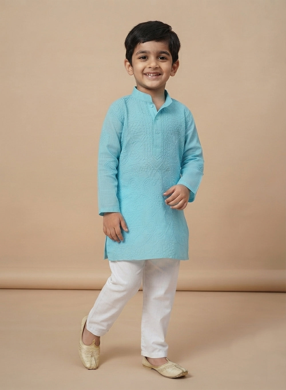 Sky Blue Front Jaal - Cotton Chikankari Kurta With Self Thread Work & Pajama