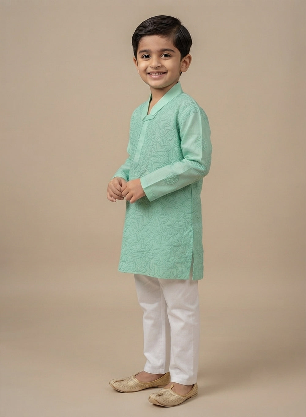 Turquoise Front Jaal - Cotton Chikankari Kurta With Self Thread Work & Pajama