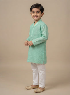 Turquoise Front Jaal - Cotton Chikankari Kurta With Self Thread Work & Pajama