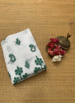 White & Green Mukaish - Dhoop Kinaray Kota Chikankari Kurta Fabric