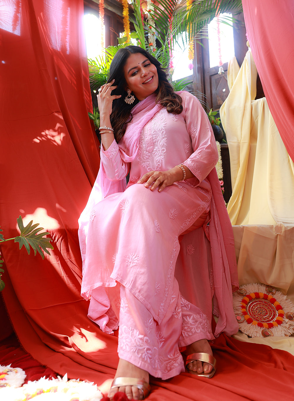 Meera Baby Pink - Nargis Satin Chikankari Ombre Dress Set
