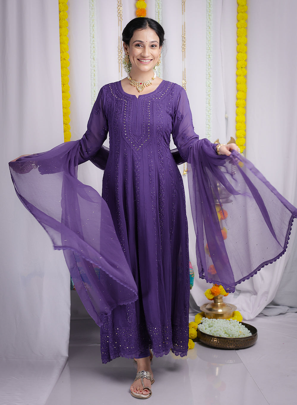 Ibadat Lavender - Viscose Anarkali & Dupatta Nargis Chikankari Set