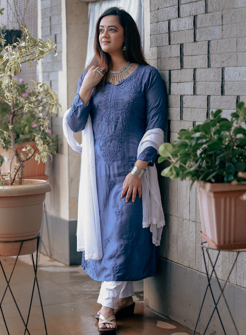 Sadgi Blue -  Bahaar Muslin Solid Chikankari Kurta
