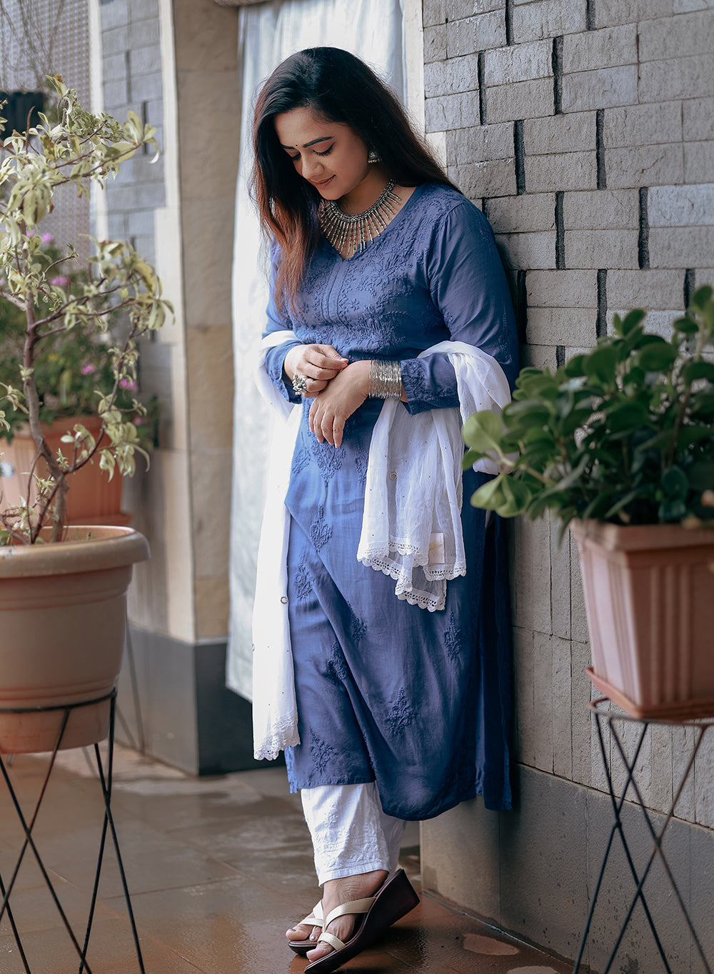 Sadgi Blue -  Bahaar Muslin Solid Chikankari Kurta