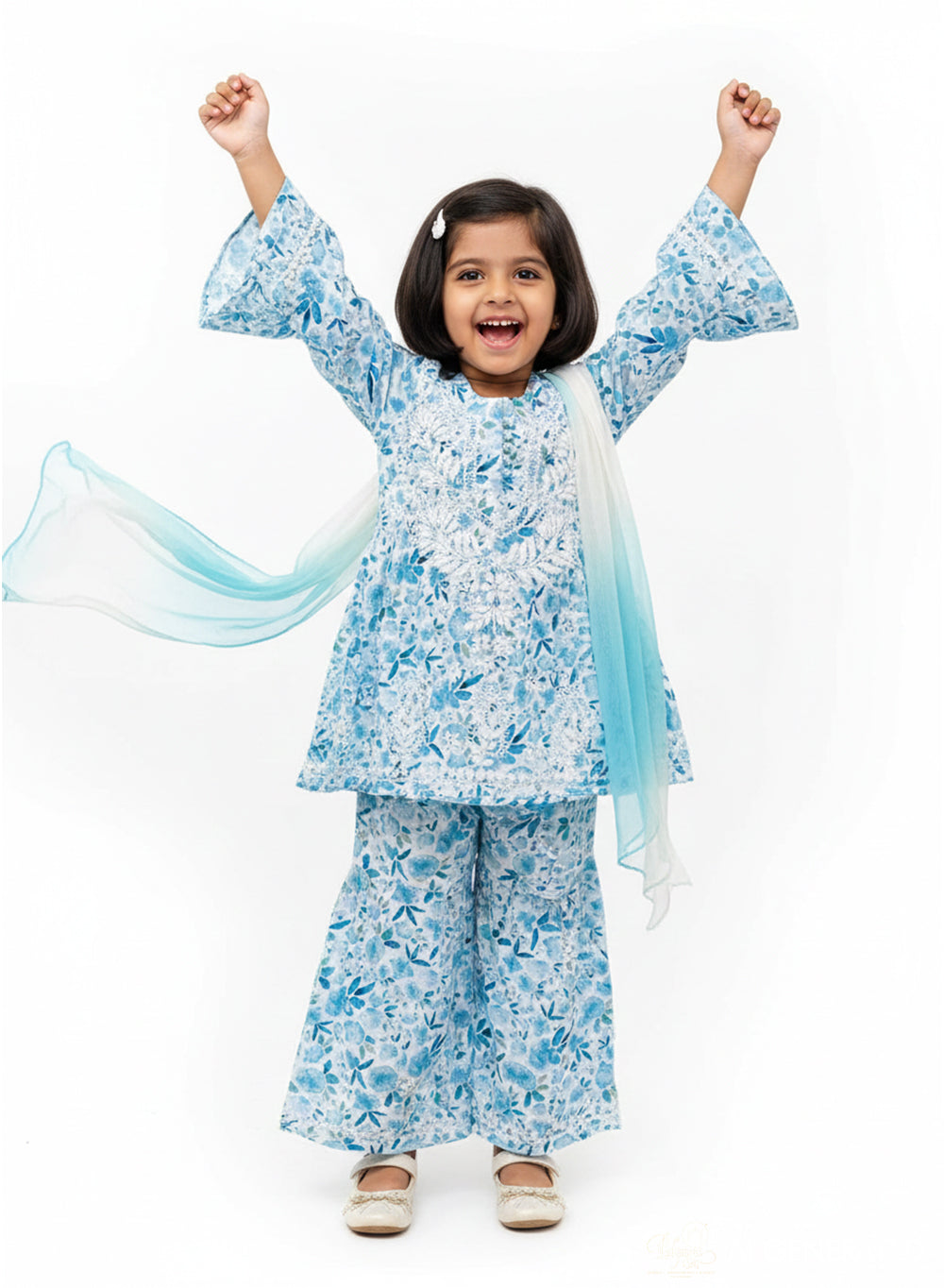 Gulnaar Sky Blue Printed - Cotton Chikankari Kidswear Set