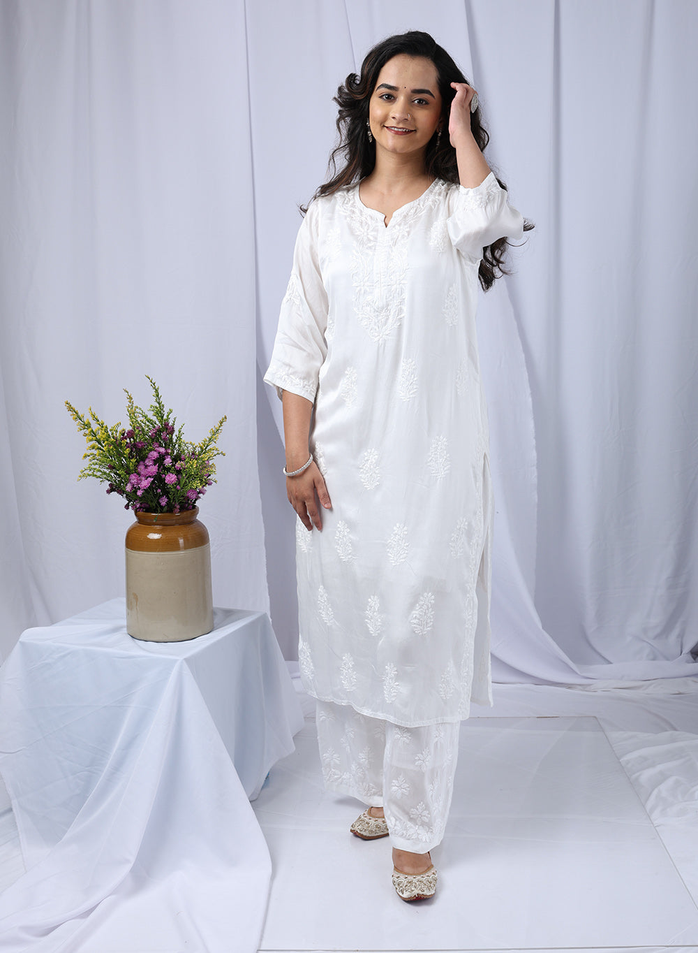 Meera White - Bahaar Satin Chikankari Ombre Kurta