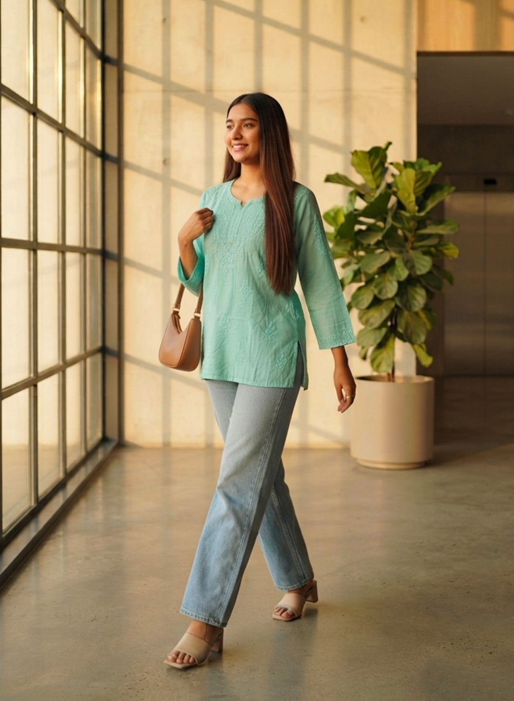 Alia Turquoise - Gulshan Muslin Chikankari Short Top