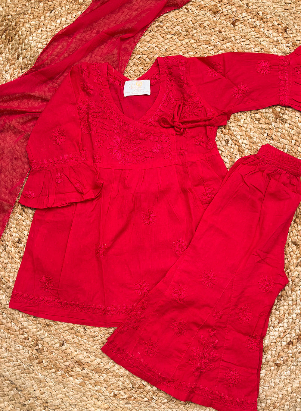 Kuhu Red - Dobby Cotton Chikankari Kidswear Set