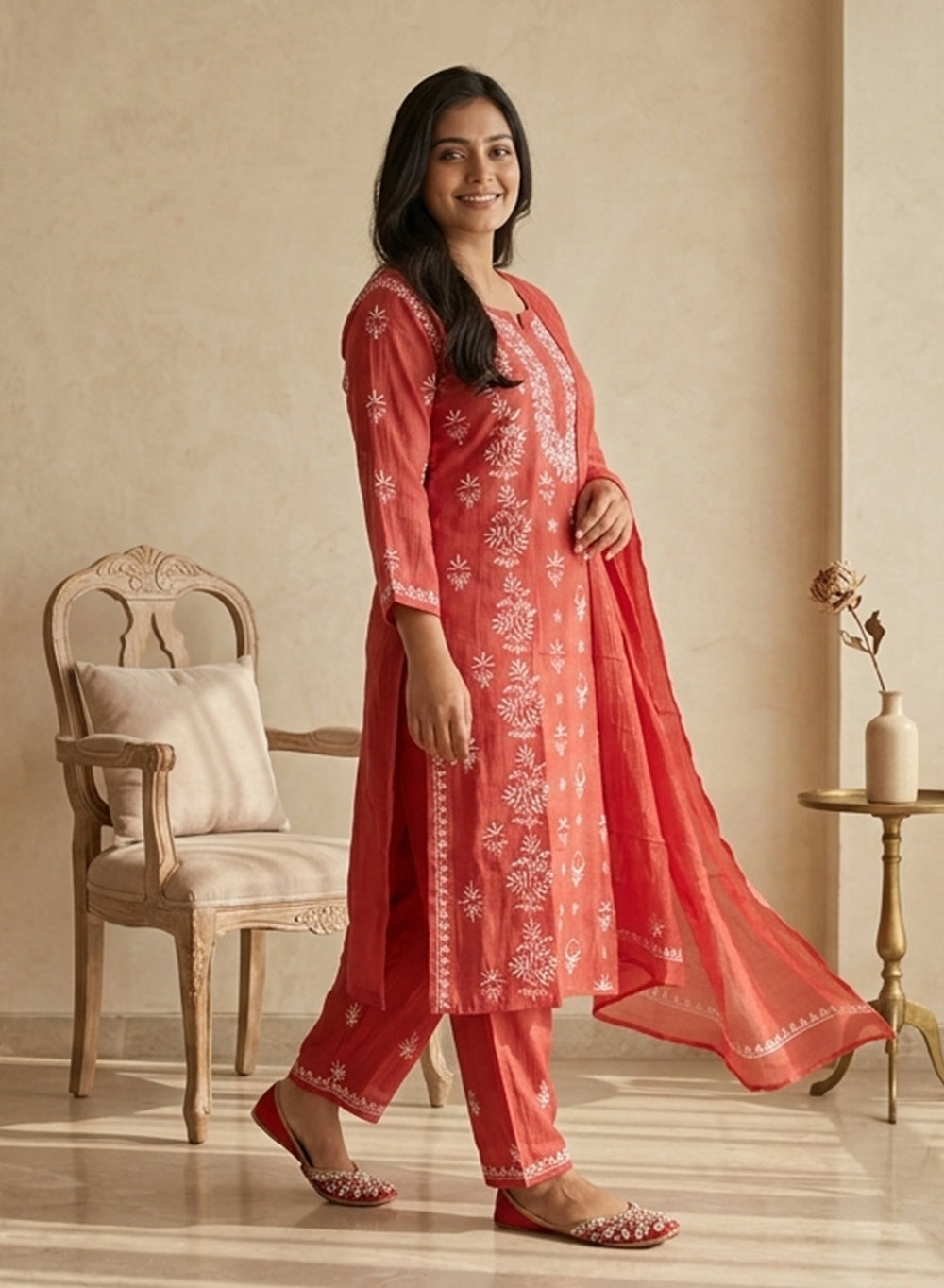 Coral - Mul Chanderi Nargis Chikankari Set