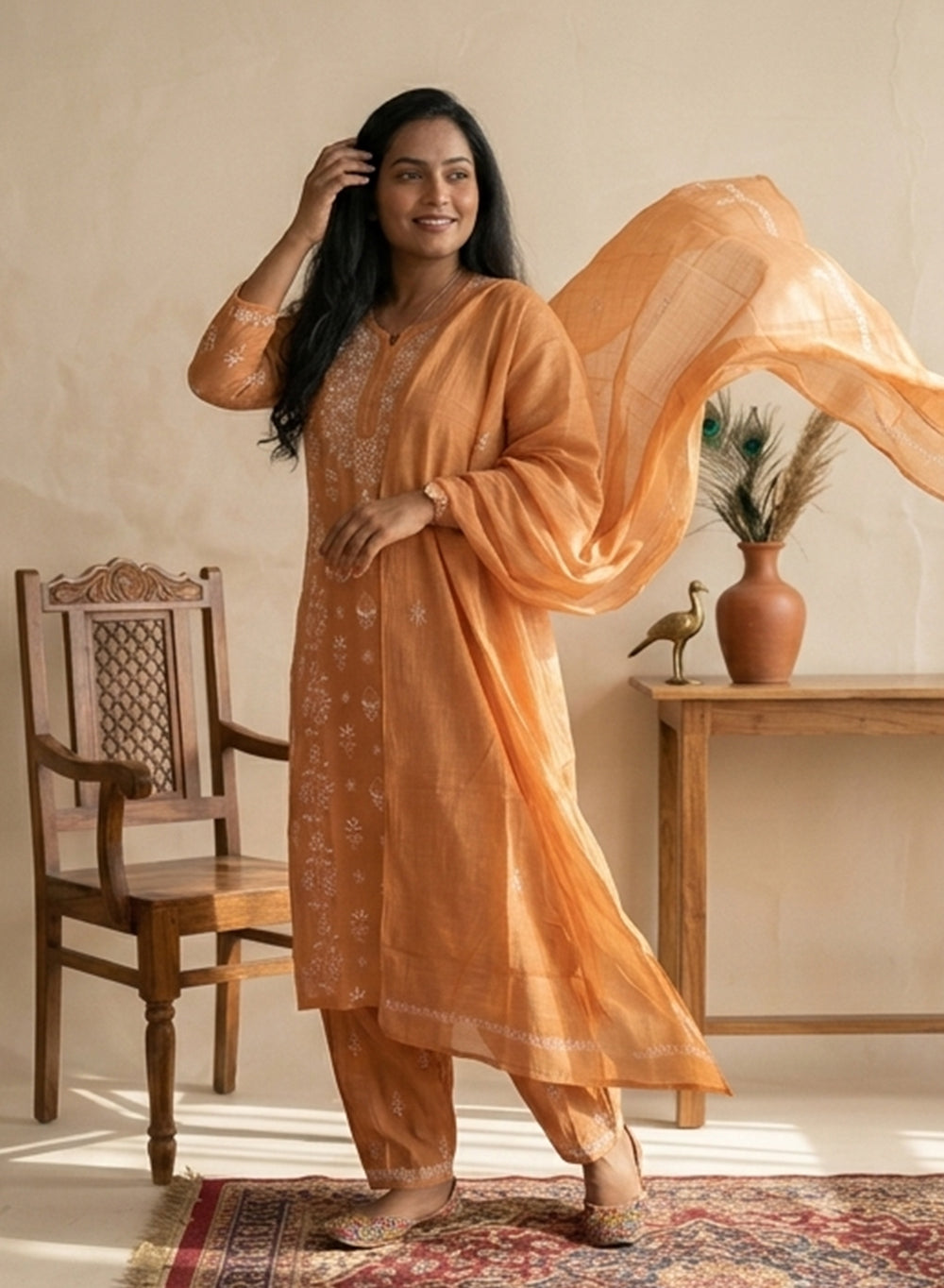 Orange - Mul Chanderi Nargis Chikankari Set