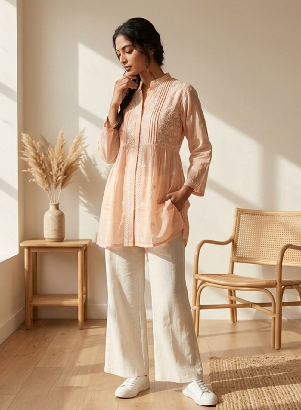 Peach - Gulshan Mul Chanderi Chikankari Short Top