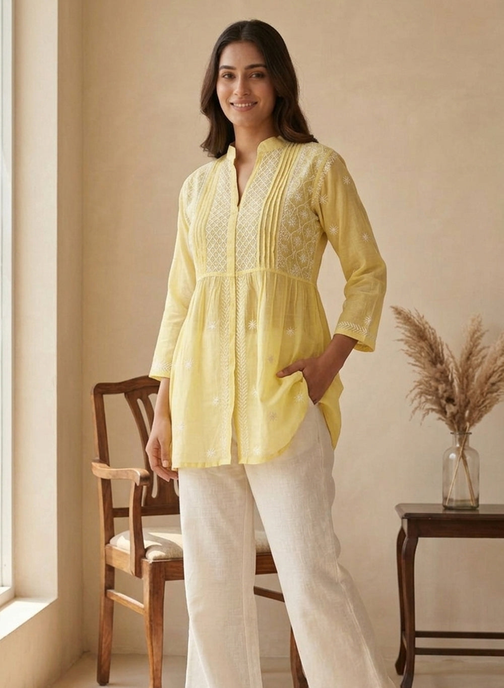 Lime - Gulshan Mul Chanderi Chikankari Short Top